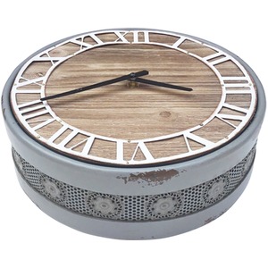Small Round Metal and Wooden Clock - Grey frame, White numerals by Marvells