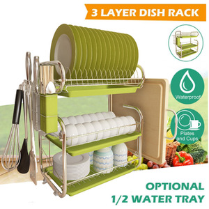 3 Layer Dish Drainer Rack Plate with Tray - Green by Livingandhome