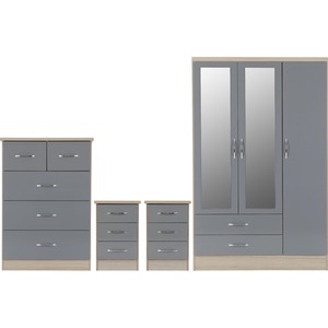 Nevada 3 Door 2 Drawer Mirrored Wardrobe Bedroom Set - Grey Gloss, Light Oak by Seconique