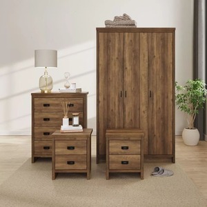 Brown 4 Piece Set 3 Door Wardrobe 4 drawer chest and 2 Bedside Tables - Brown by Wyld and Coco