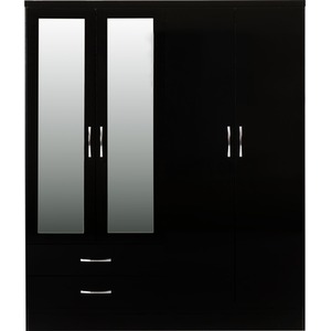 Nevada 4 Door 2 Drawer Mirrored Wardrobe Bedroom Set - Black Gloss by Seconique