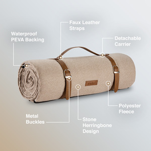 Picnic Blanket with Faux Leather Carry Handle - Beige / 180cm by VonShef