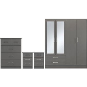 Nevada 4 Door 2 Drawer Mirrored Wardrobe Bedroom Set - 3D Effect Grey by Seconique