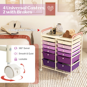 12 Drawers Rolling Storage Cart with 4 Wheels and Brakes - Gradient Purple by Costway