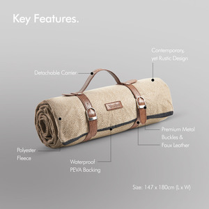 Picnic Blanket with Faux Leather Carry Handle - Beige / 180cm by VonShef