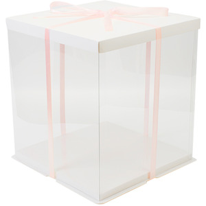 Transparent Cake Box with Ribbon - White / 30 x 30 x 35cm by Livingandhome