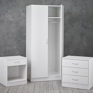3 Piece Set 2 Door Wardrob Bedside Table and 3 Drawer Chest of Drawers - White by Wyld and Coco
