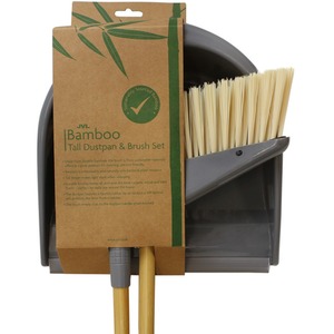 Bamboo Long Handle Dustpan and Bristle Brush Set - Orange by JVL
