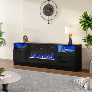 Recessed Electric Fireplace with TV Cabinet and Crystal Stone Fuel - Black by Livingandhome