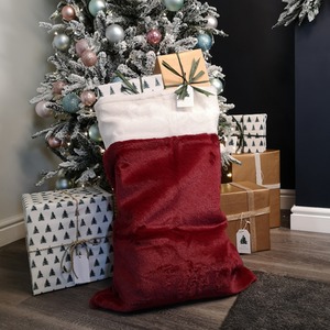 Christmas Present Sack with Faux Fur Trim and Pom Poms - Red by Samuel Alexander