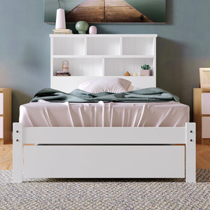 Wooden Storage Bed with shelves and Underbed Drawer - White / 100cm by Abrihome