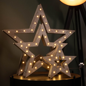 Set of 3 Wooden Christmas Stars with Warm White LEDs - Brown by Samuel Alexander