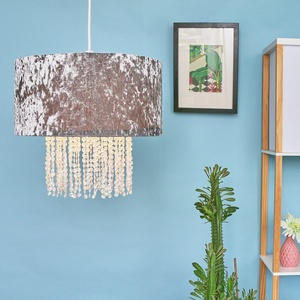 Silver Velvet Cylinder Ceiling Pendant Light Shade With Clear Acrylic Droplets - Silver by ValueLights