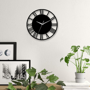 Round Roman Numeral Dial Wall Clock with Silver Hands - Black & Silver by Livingandhome