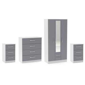Wooden 4 Piece Furniture Set Wardrobe Chest of Drawers Bedsides Lynx - White & Grey by Birlea