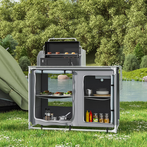 Folding Portable Camping Table Kitchen Cookware Storage Cupboard - Grey by Livingandhome