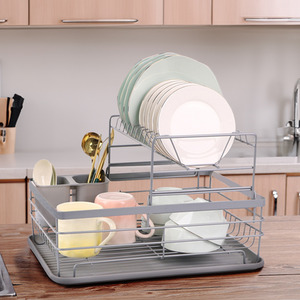 2 Tier Metal Dish Drainer with Draining Board - Silver by Livingandhome