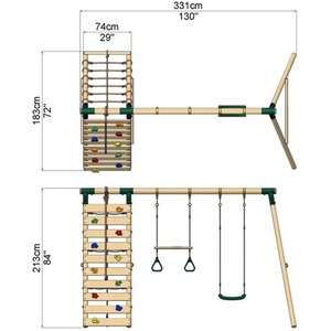 Wooden Double Swing Set with Trapeze Bar and Climbing Wall - Savannah by Rebo