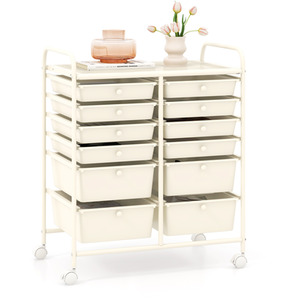 12 Drawers Rolling Storage Cart with 4 Wheels and Brakes - White by Costway
