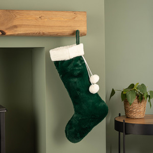 Christmas Stocking with White Cuff and Pom Poms - Green by Samuel Alexander