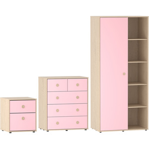 Neptune 3 Piece Bedroom Set - 2 Drawer Bedside Cabinet, 5 Drawer Chest, Wardrobe - Pink and Oak / MDF by Vida Designs