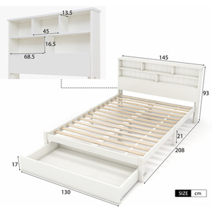 Wooden Storage Bed with shelves and Underbed Drawer - White / 145cm by Abrihome