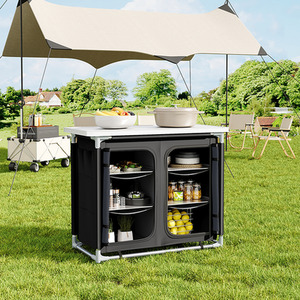 Foldable Camping Kitchen Storage Cabinet with Tabletop - Black by Livingandhome
