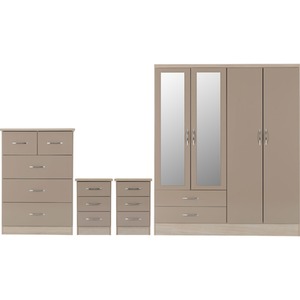 Nevada 4 Door 2 Drawer Mirrored Wardrobe Bedroom Set - Oyster Gloss, Light Oak by Seconique