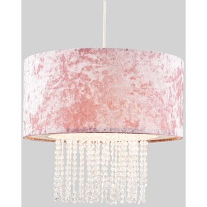 Pink Velvet Cylinder Ceiling Pendant Light Shade With Clear Acrylic Droplets - Pink by ValueLights