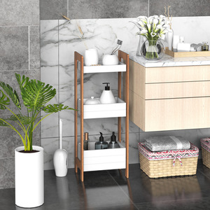 HOMCOM 3-Tier Shelf Storage Bamboo Cupboard - White, Bamboo colour by HOMCOM