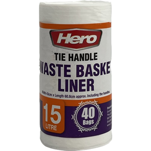 Hero 15L Waste Basket Bin Bag Liners White Pack of 40 Bags - Black by Hero