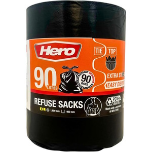 Hero 90L Tie Top Bin Bag Liners Extra Strong - Black by Hero