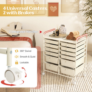 12 Drawers Rolling Storage Cart with 4 Wheels and Brakes - White by Costway