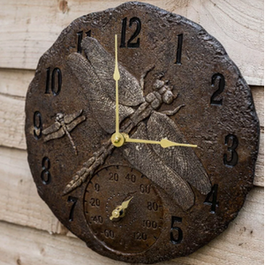 Garden Dragonfly Clock Stone Effect - Brown by Garden Mile