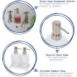 2pc Prism Glass Soap Dispenser Set with Ceramic Tray - 330ml - Clear by Harbour Housewares