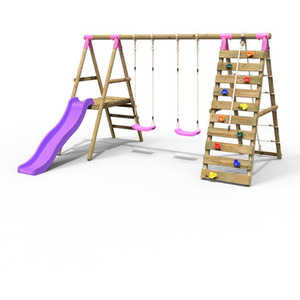 Wooden Double Swing Set with Climbing Wall and Slide - Jade by Rebo