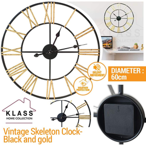 Silent Open Face Large Wall Clock - Black & Gold - Black And Gold by Klass Home Collection