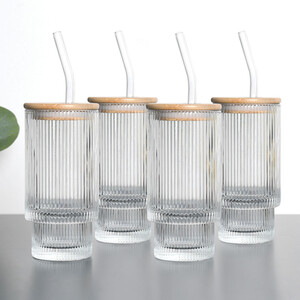 Pack of 4 Ribbed Tumblers with Lid and Straw - Clear