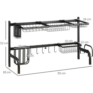 HOMCOM Space Saving 2 Tier Adjustable Over The Sink Dish Drying Rack - Black by HOMCOM