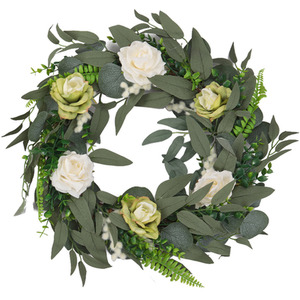 Artificial Realistic Rose Flower Wreath with Welcome - Green by Livingandhome