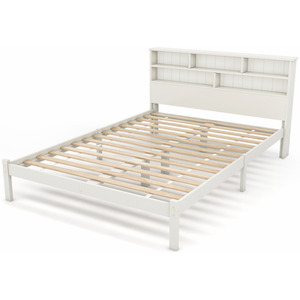 Wooden Storage Bed with shelves and Underbed Drawer - White / 145cm by Abrihome