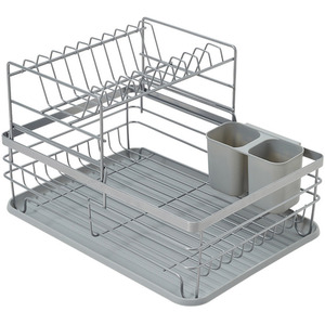 2 Tier Metal Dish Drainer with Draining Board - Silver by Livingandhome