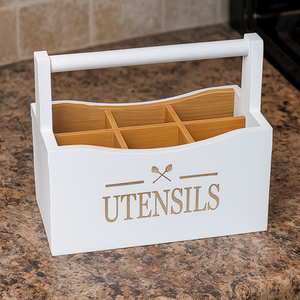 Bamboo Utensil Holder Caddy with Handle - White by Maison Des Cadeaux