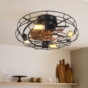 Wood Grain Ceiling Fan Light with Cage Shade - Black by Livingandhome