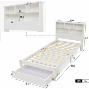 Wooden Storage Bed with shelves and Underbed Drawer - White / 100cm by Abrihome