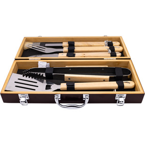Bamboo BBQ Utensil Kit with Durable Wooden Carry Case - Brown by Maison Des Cadeaux