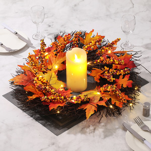 Maple Leaves Rattan Wreath with Berries and Lights - Orange by Livingandhome