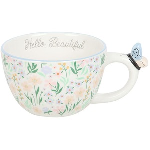 Hello Beautiful Ditsy Floral Print Mug with Butterfly - White by Gloriously Good