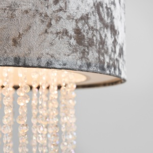 Silver Velvet Cylinder Ceiling Pendant Light Shade With Clear Acrylic Droplets - Silver by ValueLights
