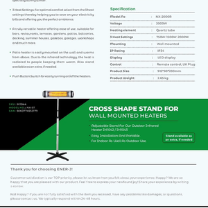 2000W Wall mounted Patio Heater with Quartz Tube - Grey by EnerJ Smart